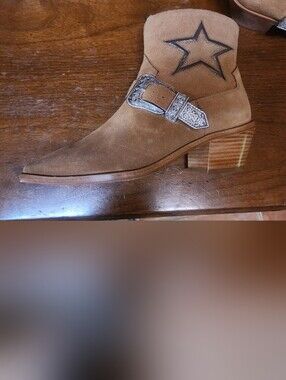 Johnny Was Tan Suede Western Star Ankle Boots with Silver Buckle